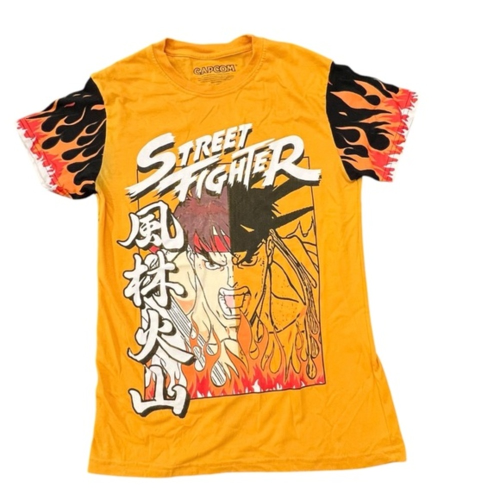 Street Fighter CAPCOM Orange T Shirt Full Front Print Flame Sleeve Video Game S